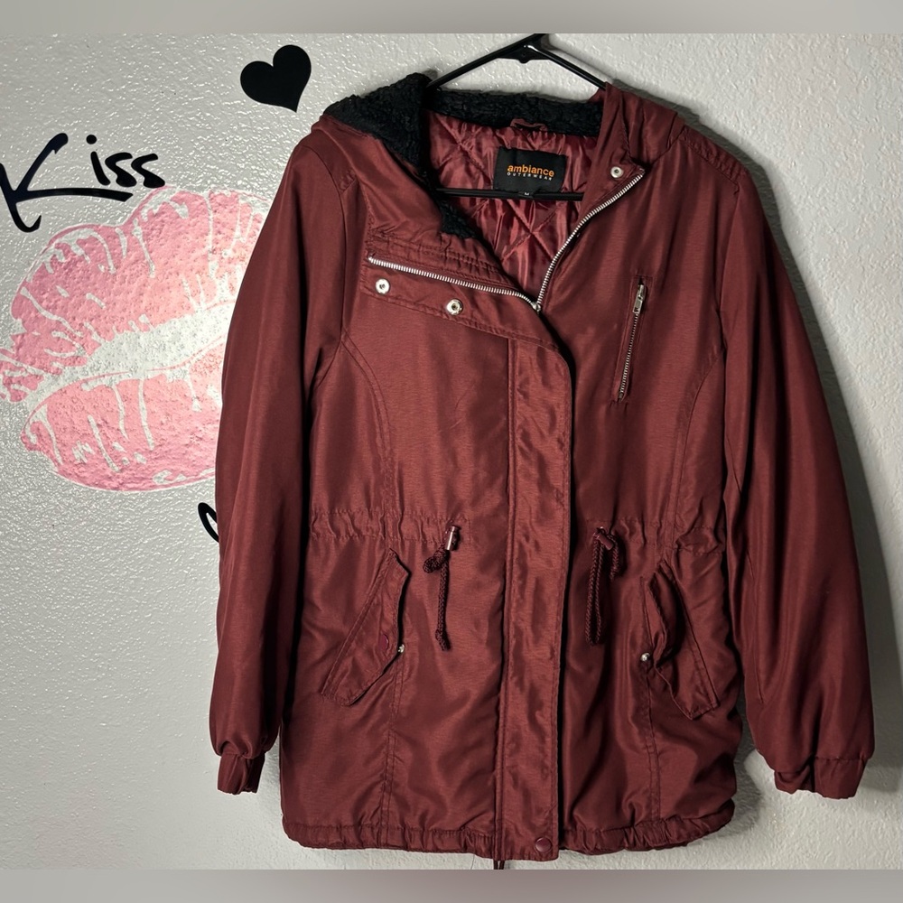 Preloved Ambiance Burgundy Drawstring Zip Snap Up Anorak Hoodie Jacket